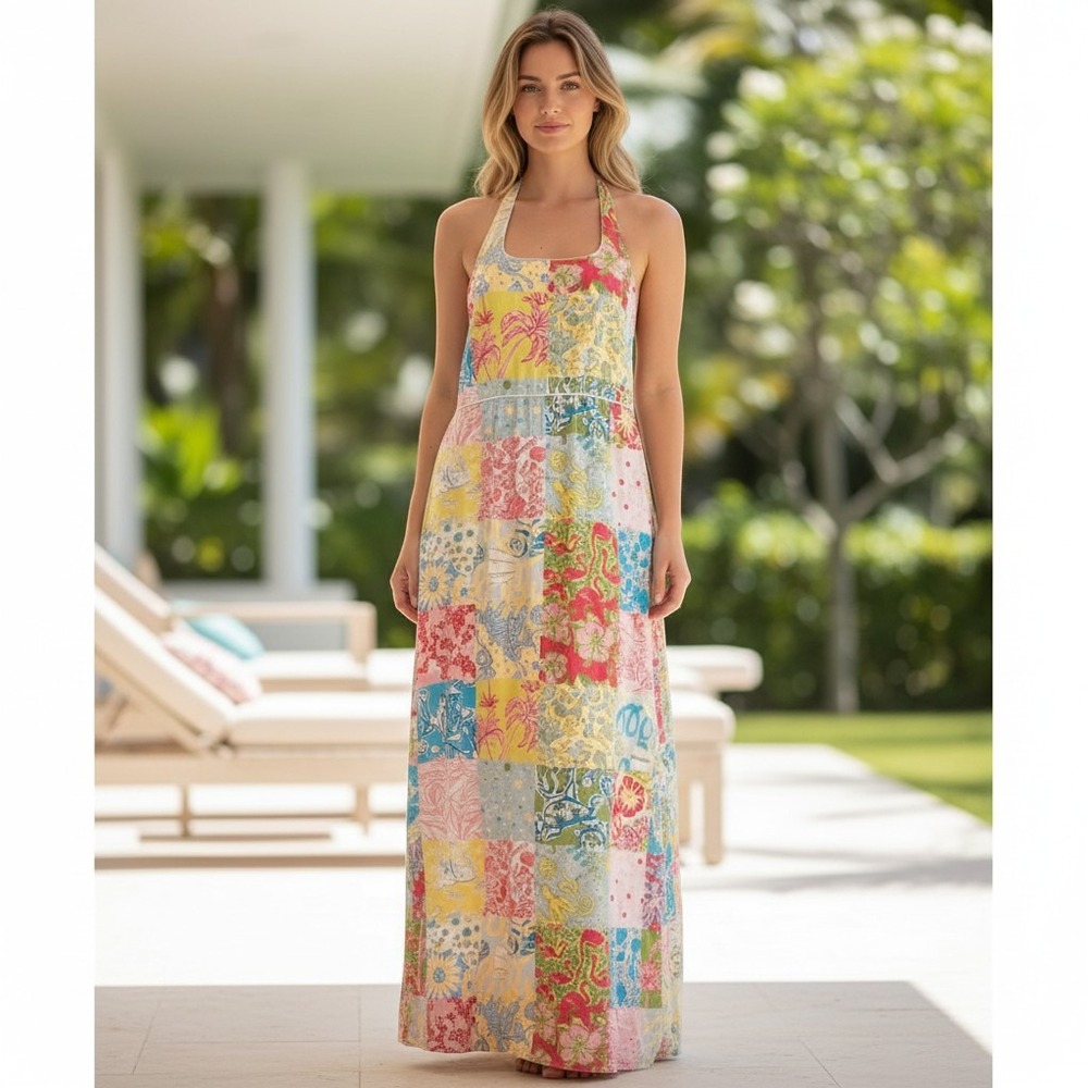 Lilly Pulitzer Patchwork Halter Maxi Dress Pink Blue Yellow Floral Cotton Size 6